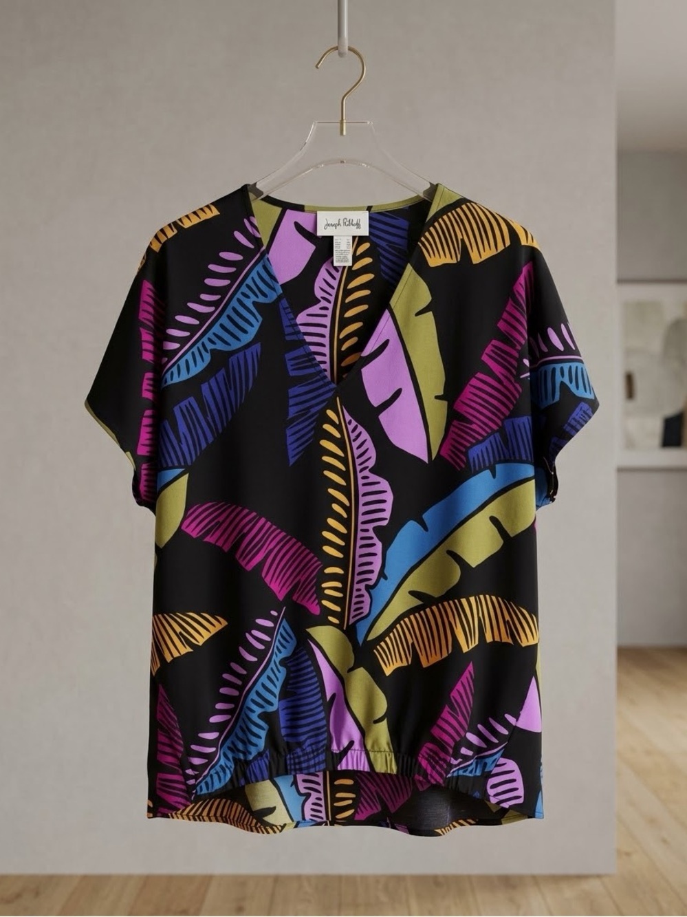 Joseph Ribkoff Black V-Neck Top with Purple, Blue and Olive Leaf Print